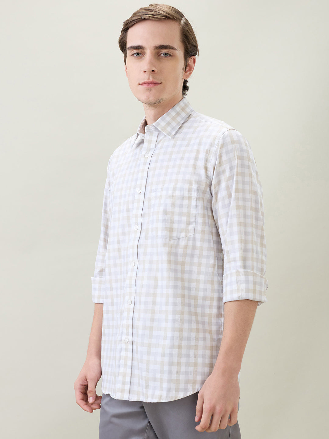 Colorplus Men Khaki Checks Regular Fit Cotton Full Sleeve Casual Shirt