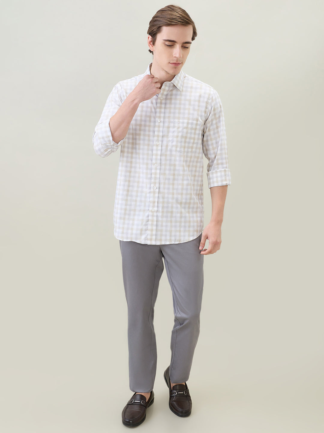 Colorplus Men Khaki Checks Regular Fit Cotton Full Sleeve Casual Shirt