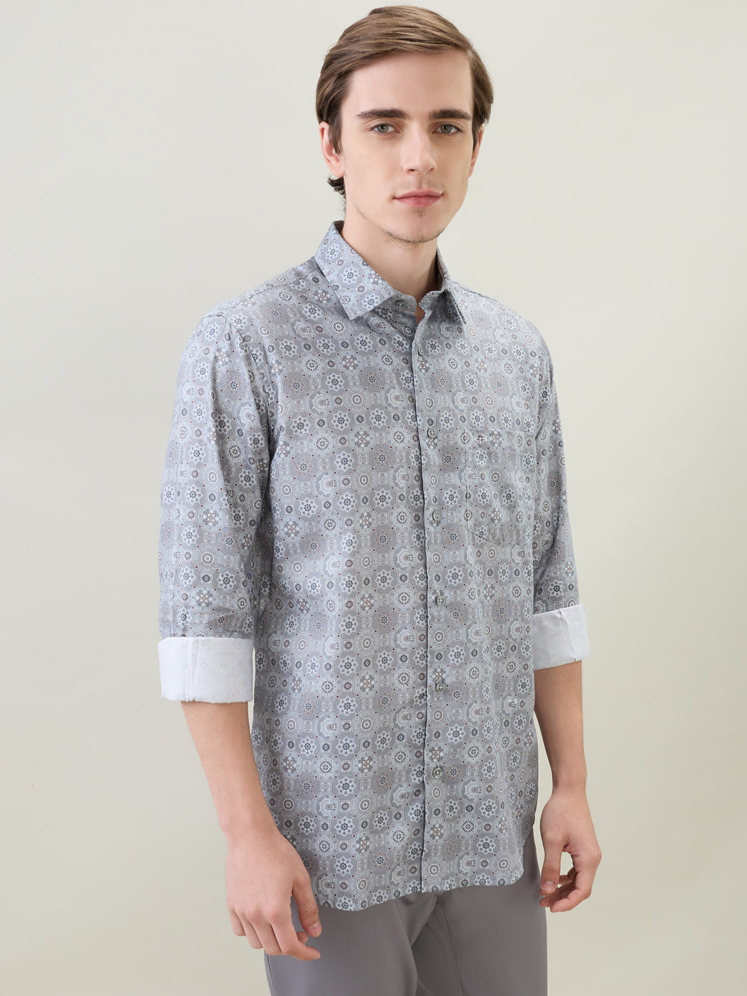 Colorplus Men Grey Printed Regular Fit Cotton Full Sleeve Casual Shirt