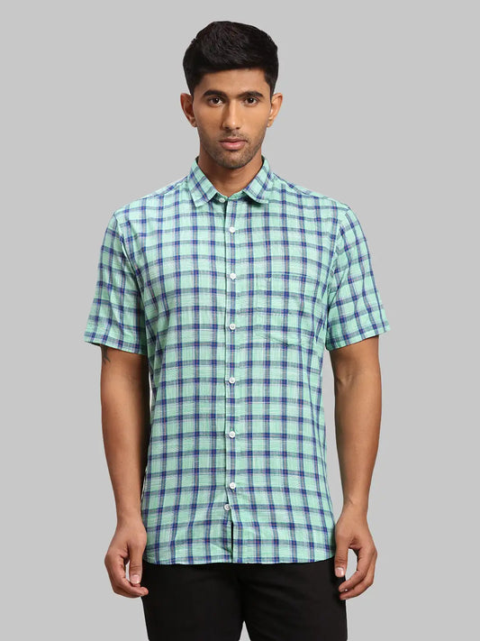 Men Green Tailored Fit Checks Cotton Half Sleeve Shirts