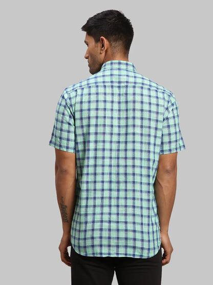 Men Green Tailored Fit Checks Cotton Half Sleeve Shirts