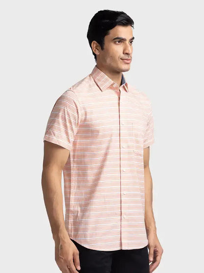 Men Orange Tailored Fit Weft Stripe Cotton Half Sleeve Shirts