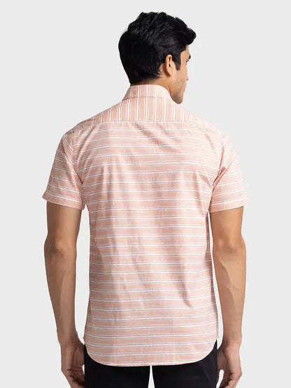 Men Orange Tailored Fit Weft Stripe Cotton Half Sleeve Shirts