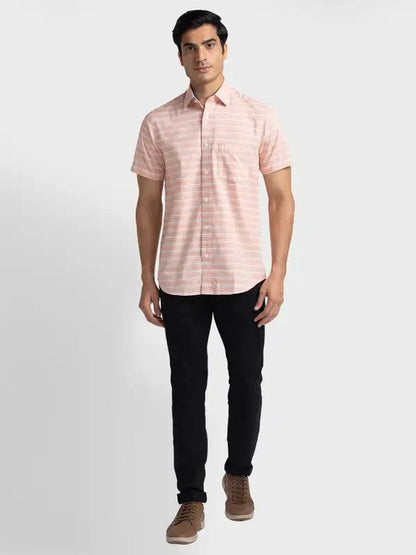 Men Orange Tailored Fit Weft Stripe Cotton Half Sleeve Shirts