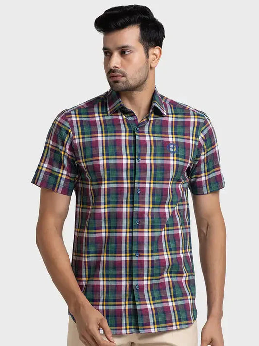 Colorplus Men Red Tailored Fit Checks Cotton Shirt