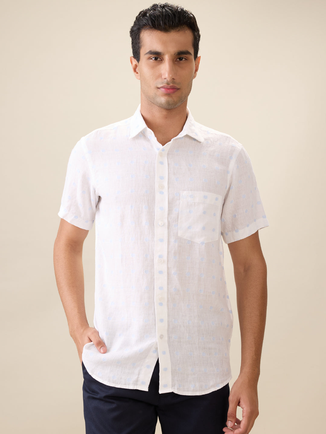 Colorplus Men White Jacquard Regular Fit Linen Blend Half Sleeve Casual Shirt