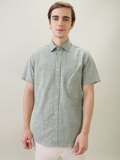Colorplus Men Green Dobby Regular Fit Cotton Half Sleeve Casual Shirt