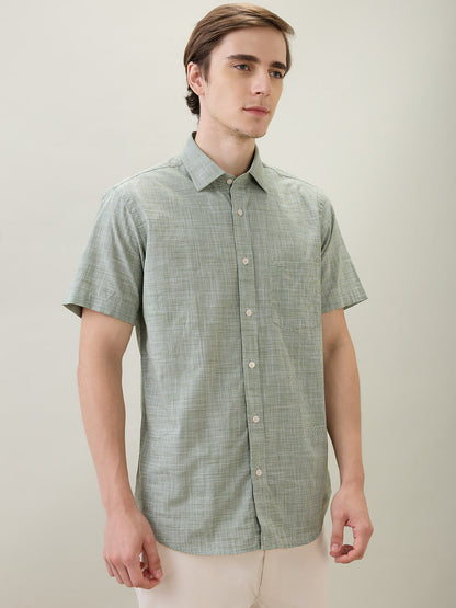 Colorplus Men Green Dobby Regular Fit Cotton Half Sleeve Casual Shirt