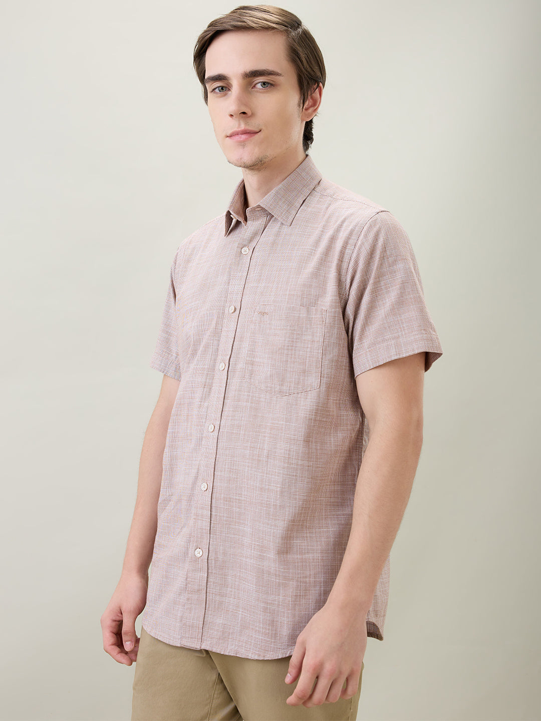 Colorplus Men Brown Dobby Regular Fit Cotton Half Sleeve Casual Shirt