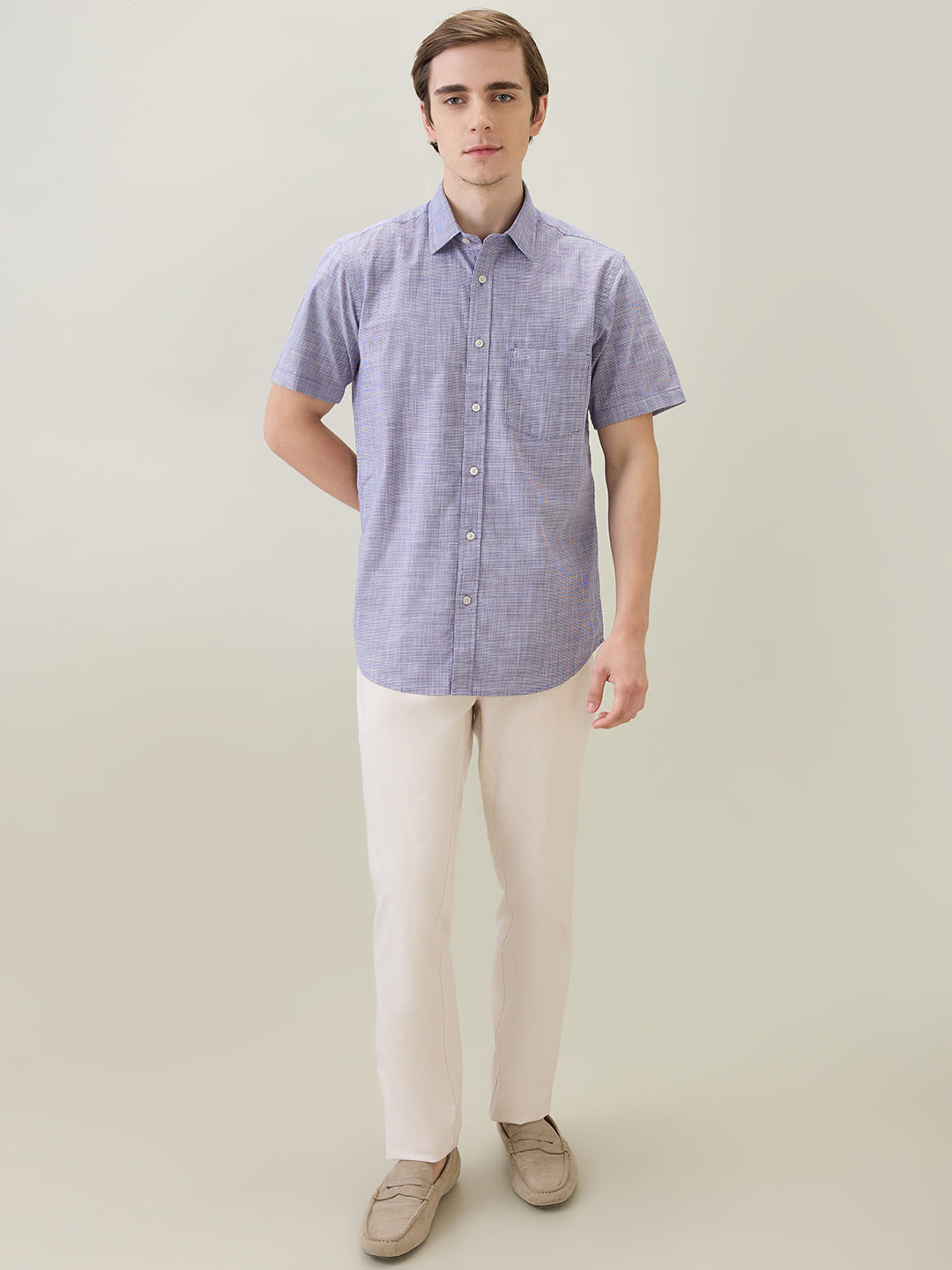 Colorplus Men Purple Dobby Regular Fit Cotton Half Sleeve Casual Shirt