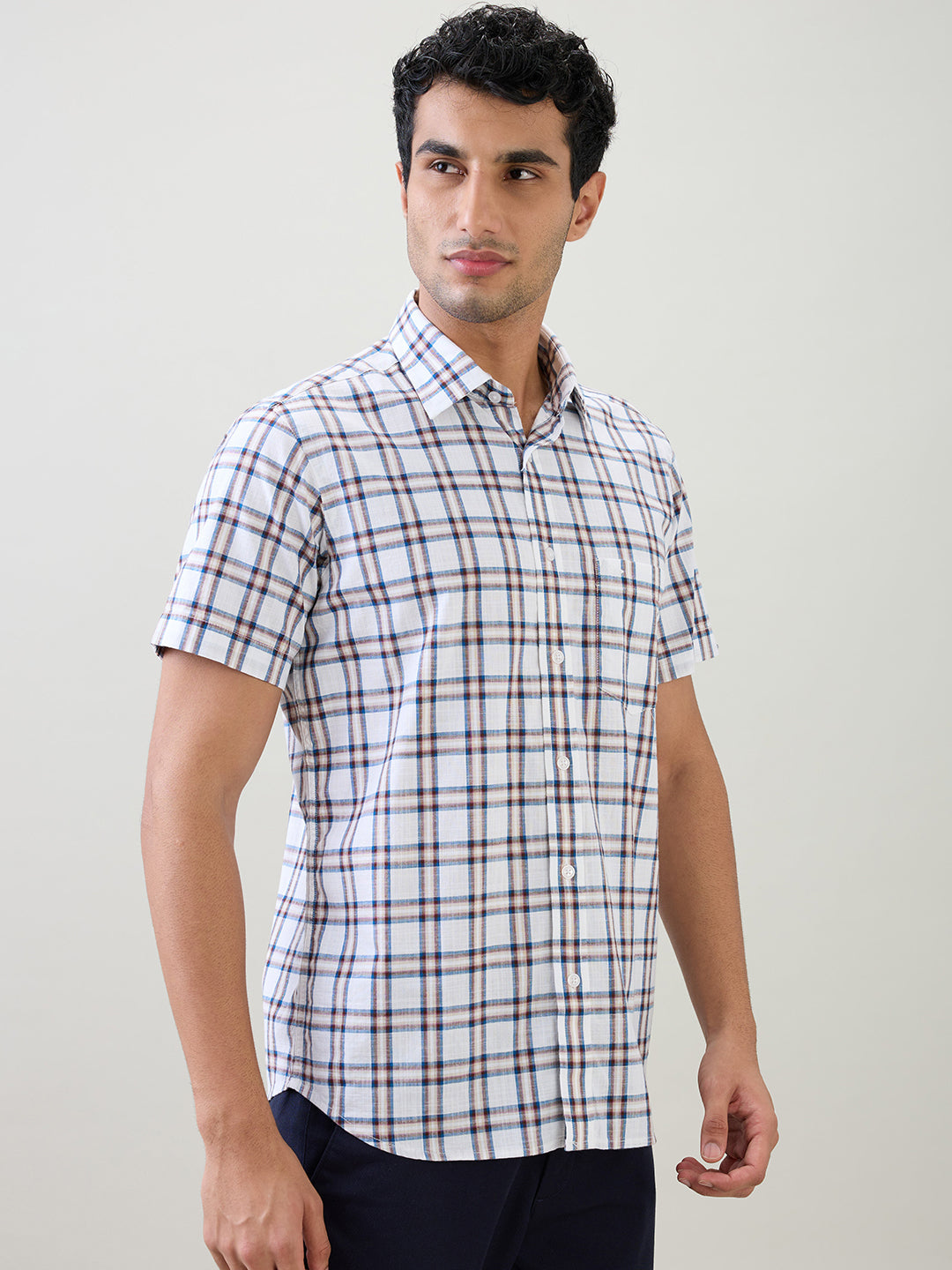Colorplus Men White Checks Regular Fit Cotton Half Sleeve Casual Shirt