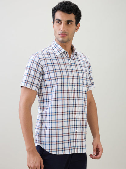 Colorplus Men White Checks Regular Fit Cotton Half Sleeve Casual Shirt