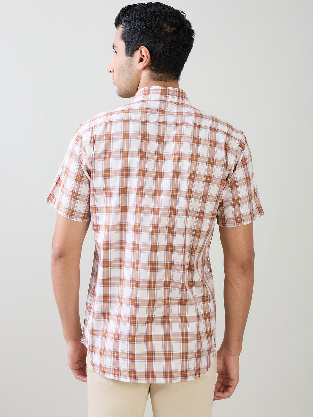 Colorplus Men Brown Checks Regular Fit Cotton Half Sleeve Casual Shirt