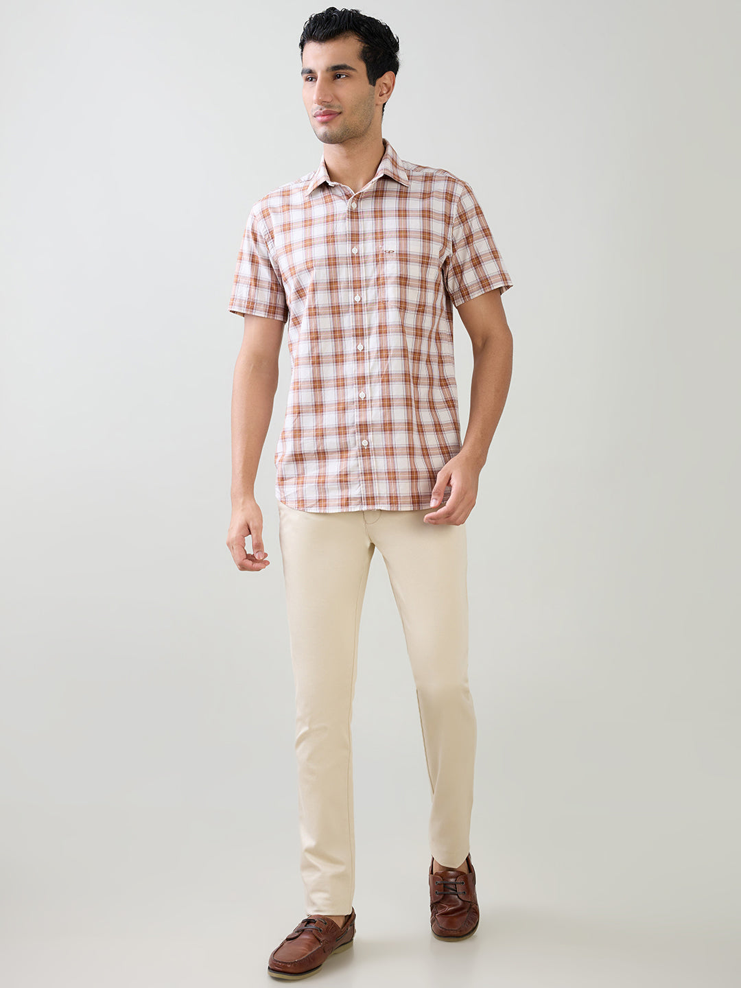 Colorplus Men Brown Checks Regular Fit Cotton Half Sleeve Casual Shirt