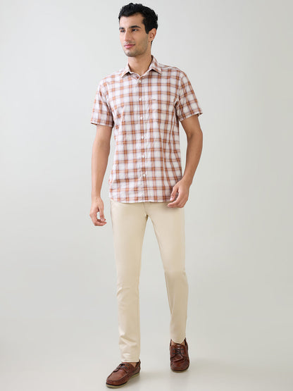Colorplus Men Brown Checks Regular Fit Cotton Half Sleeve Casual Shirt