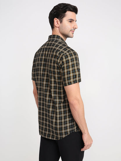 Colorplus Men Black Checks Regular Fit Cotton Half Sleeve Casual Shirt