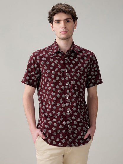Colorplus Men Brown Printed Regular Fit Cotton Half Sleeve Casual Shirt