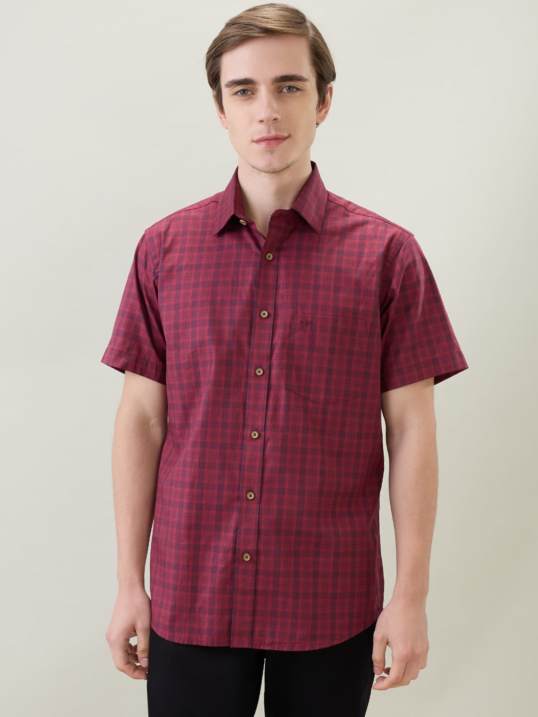Colorplus Men Maroon Checks Regular Fit Cotton Half Sleeve Casual Shirt