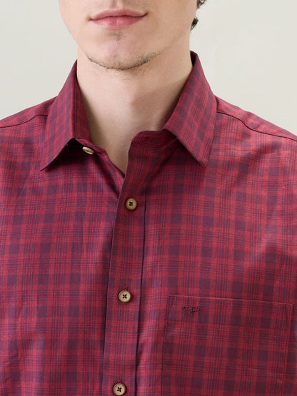 Colorplus Men Maroon Checks Regular Fit Cotton Half Sleeve Casual Shirt