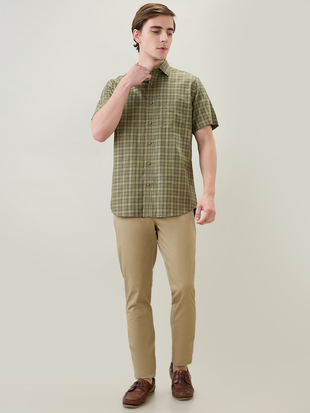 Colorplus Men Green Checks Regular Fit Cotton Half Sleeve Casual Shirt