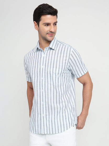 Colorplus Men Blue Stripe Regular Fit Cotton Half Sleeve Casual Shirt