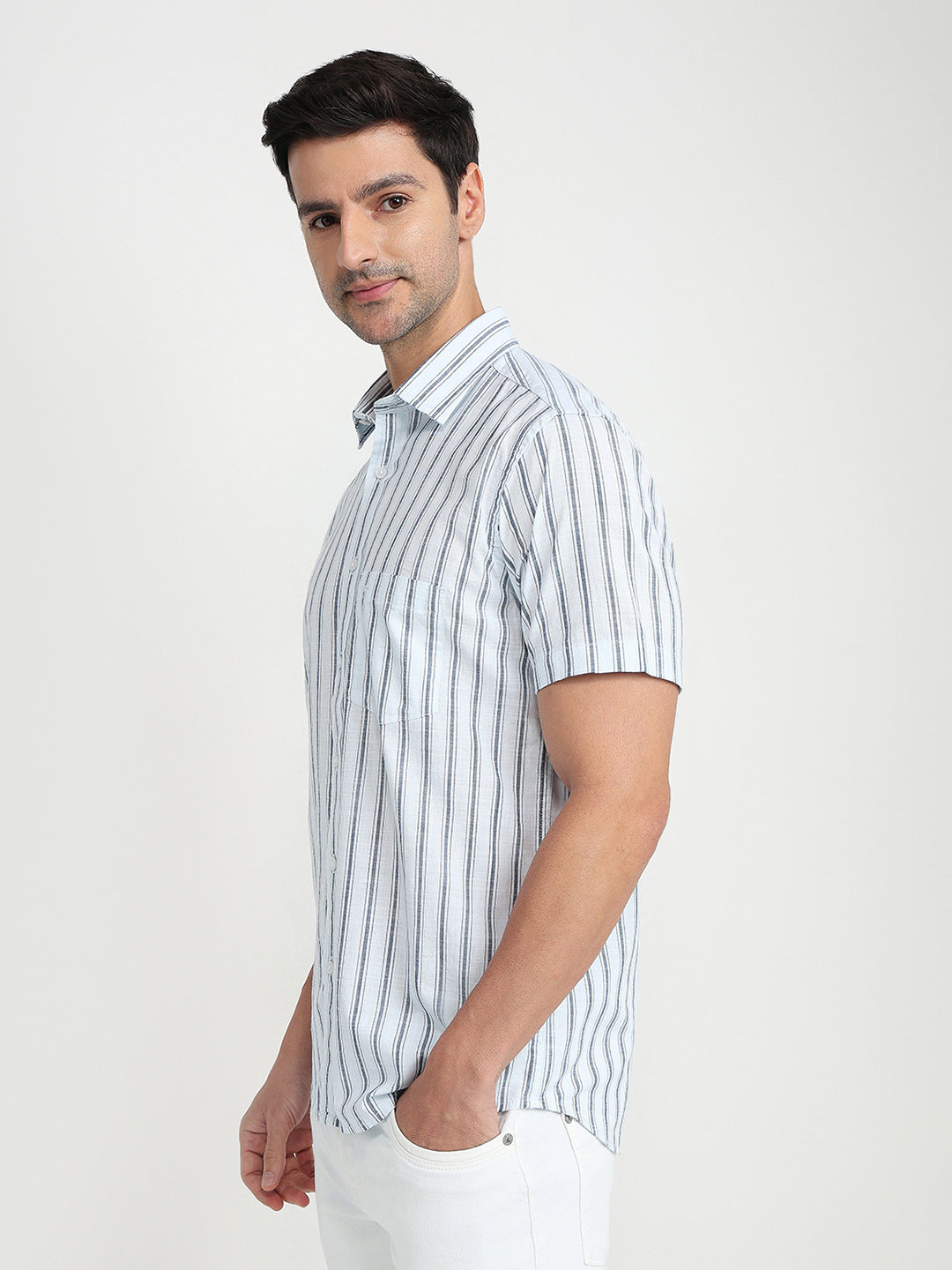 Colorplus Men Blue Stripe Regular Fit Cotton Half Sleeve Casual Shirt