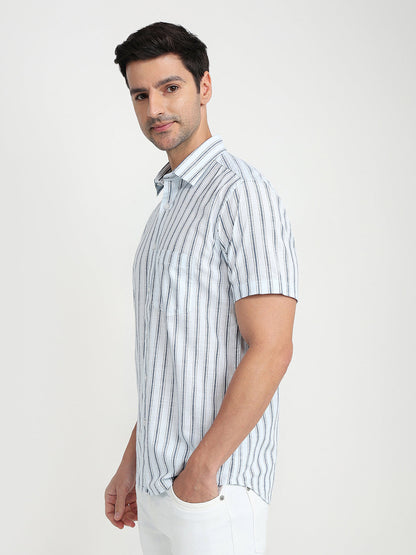 Colorplus Men Blue Stripe Regular Fit Cotton Half Sleeve Casual Shirt