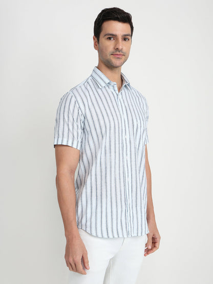 Colorplus Men Blue Stripe Regular Fit Cotton Half Sleeve Casual Shirt