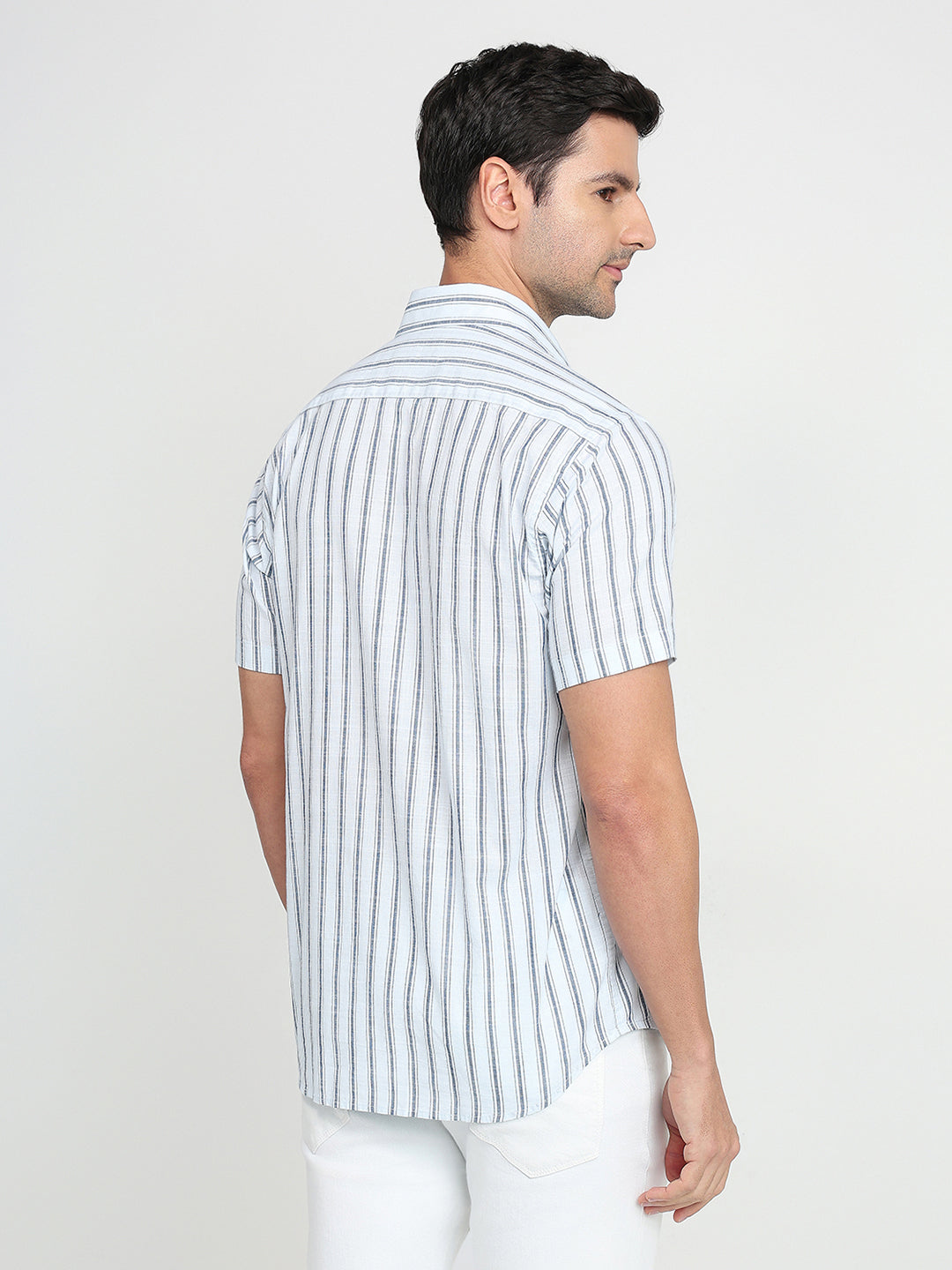 Colorplus Men Blue Stripe Regular Fit Cotton Half Sleeve Casual Shirt