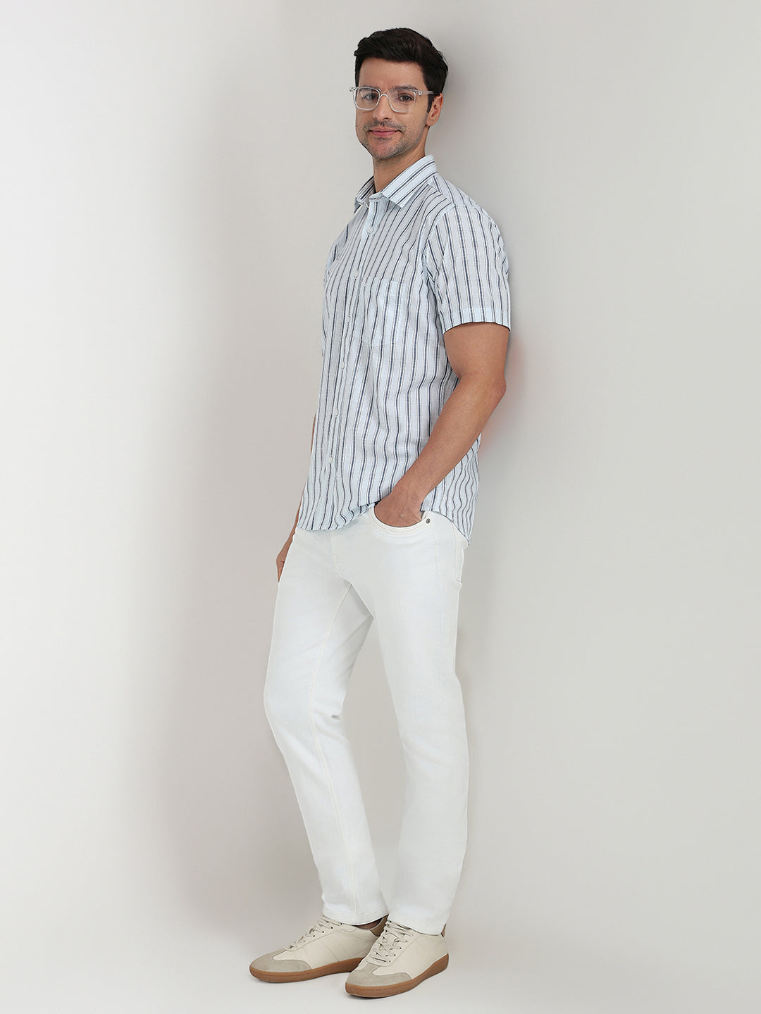 Colorplus Men Blue Stripe Regular Fit Cotton Half Sleeve Casual Shirt