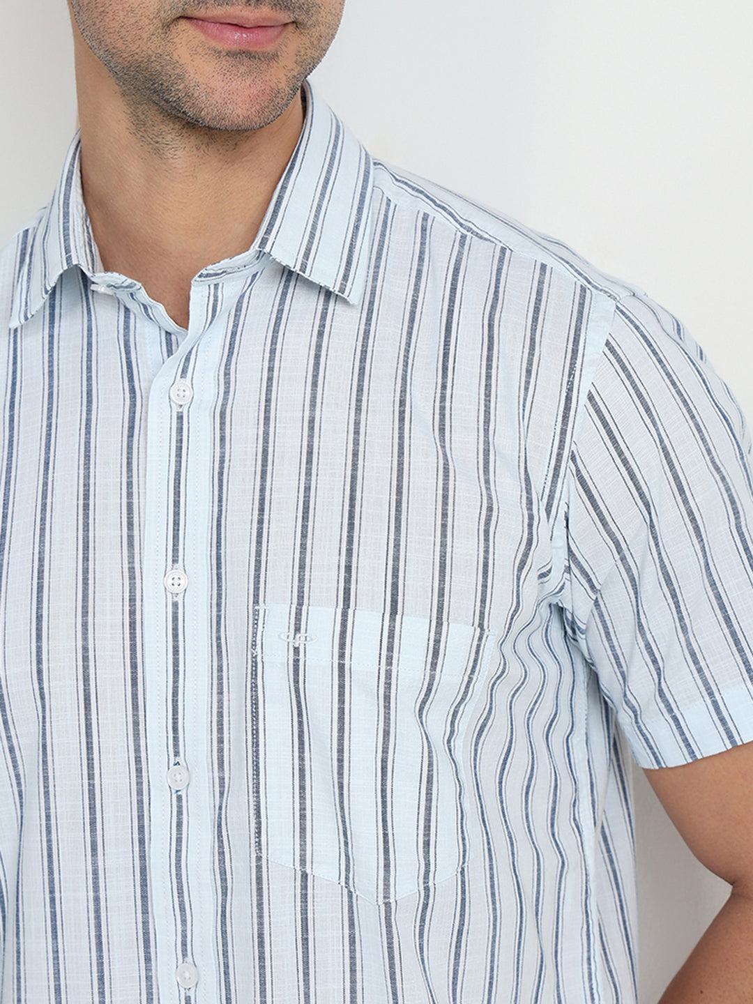 Colorplus Men Blue Stripe Regular Fit Cotton Half Sleeve Casual Shirt