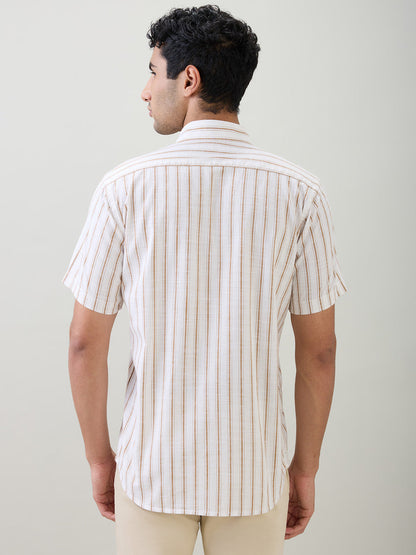 Colorplus Men Brown Stripe Regular Fit Cotton Half Sleeve Casual Shirt