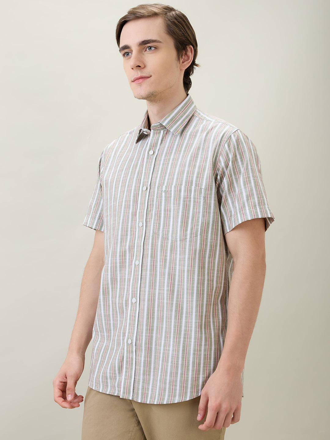 Colorplus Men Green Stripe Regular Fit Cotton Half Sleeve Casual Shirt