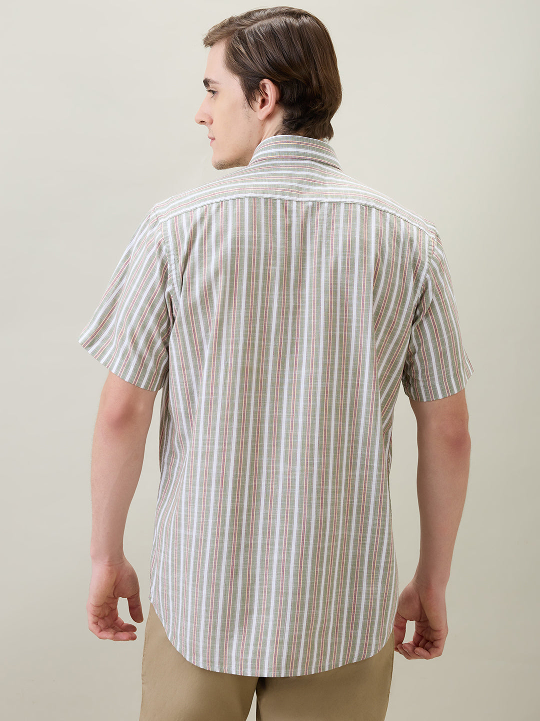 Colorplus Men Green Stripe Regular Fit Cotton Half Sleeve Casual Shirt