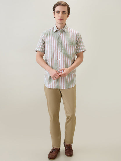 Colorplus Men Green Stripe Regular Fit Cotton Half Sleeve Casual Shirt