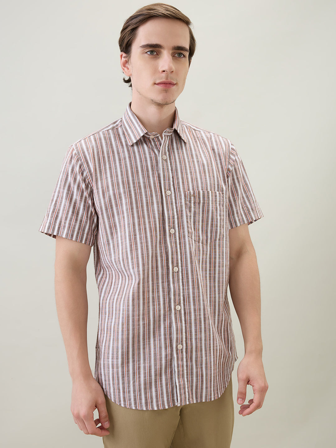 Colorplus Men Brown Stripe Regular Fit Cotton Half Sleeve Casual Shirt