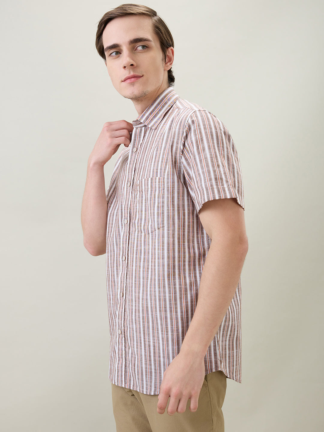 Colorplus Men Brown Stripe Regular Fit Cotton Half Sleeve Casual Shirt