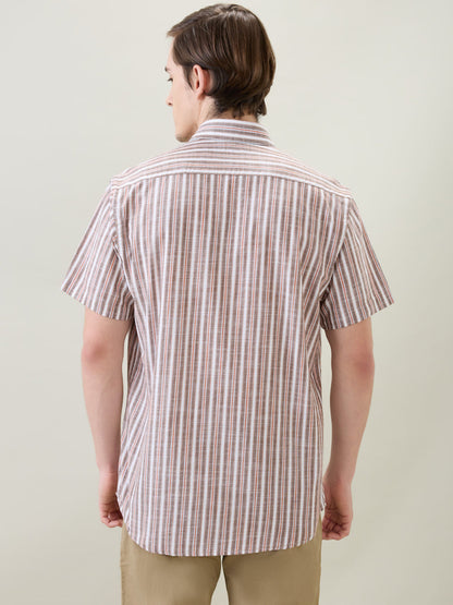 Colorplus Men Brown Stripe Regular Fit Cotton Half Sleeve Casual Shirt