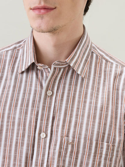 Colorplus Men Brown Stripe Regular Fit Cotton Half Sleeve Casual Shirt