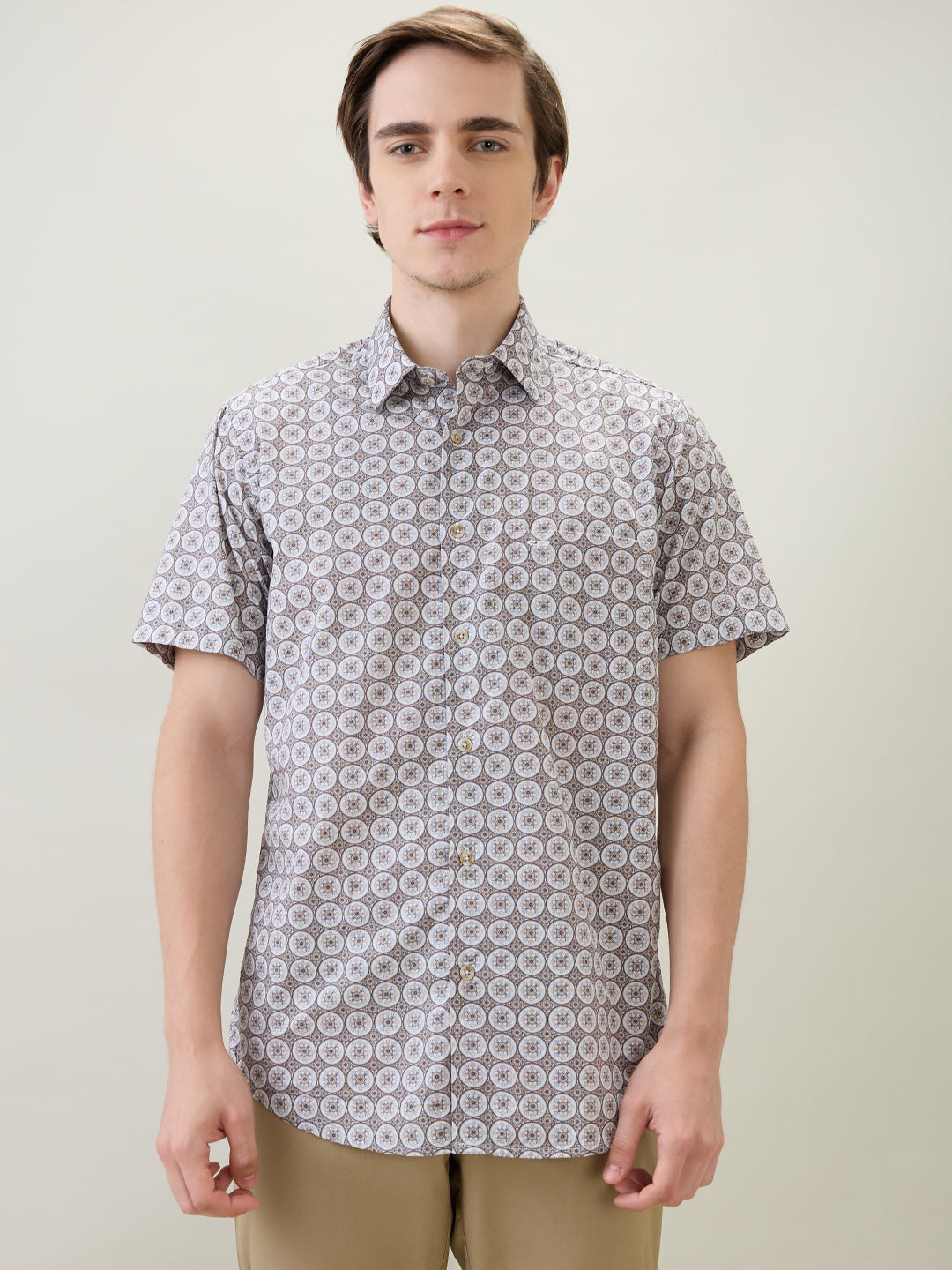 Colorplus Men Brown Printed Regular Fit Cotton Half Sleeve Casual Shirt