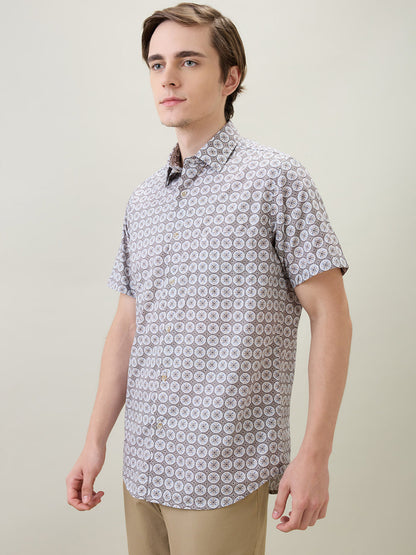 Colorplus Men Brown Printed Regular Fit Cotton Half Sleeve Casual Shirt