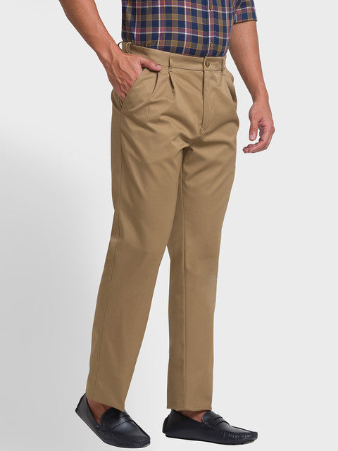 Colorplus Men Brown Solid Piece Dyed Custom Fit Cotton Trouser