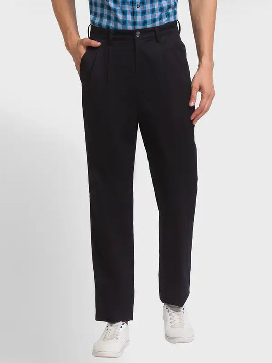 Men Black Custom Fit Solid Piece Dyed Cotton Trouser