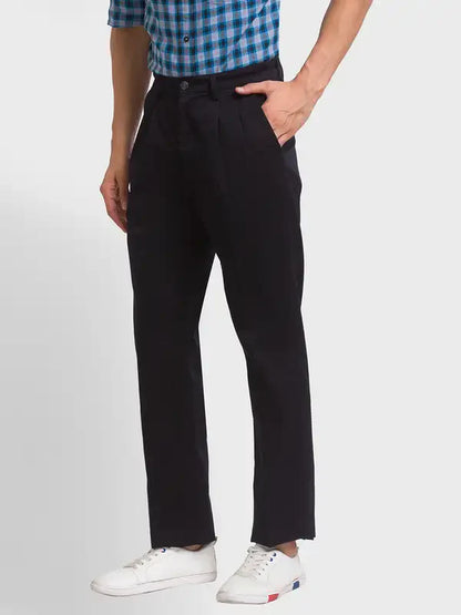 Men Black Custom Fit Solid Piece Dyed Cotton Trouser