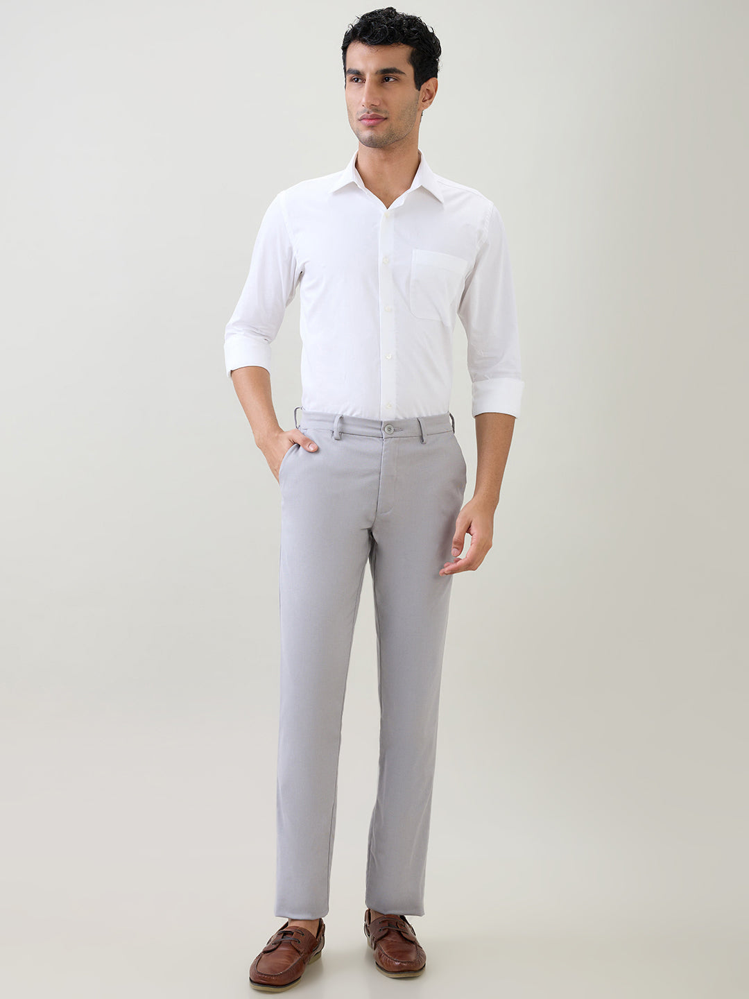 Colorplus Men Grey Dobby Tapered Fit Cotton Blend Trouser