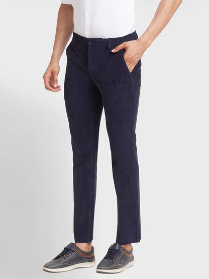Men Blue Contemporary Fit Solid Piece Dyed Cotton Blend Trouser