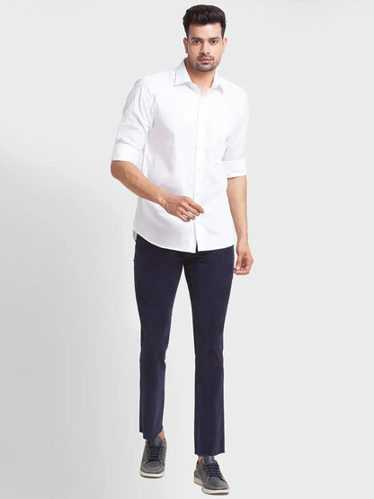 Men Blue Contemporary Fit Solid Piece Dyed Cotton Blend Trouser