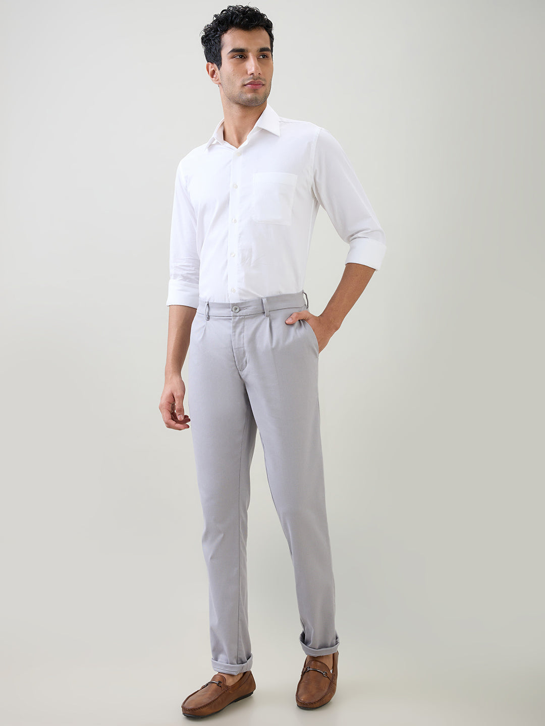 Colorplus Men Grey Dobby Slim Fit Cotton Blend Trouser