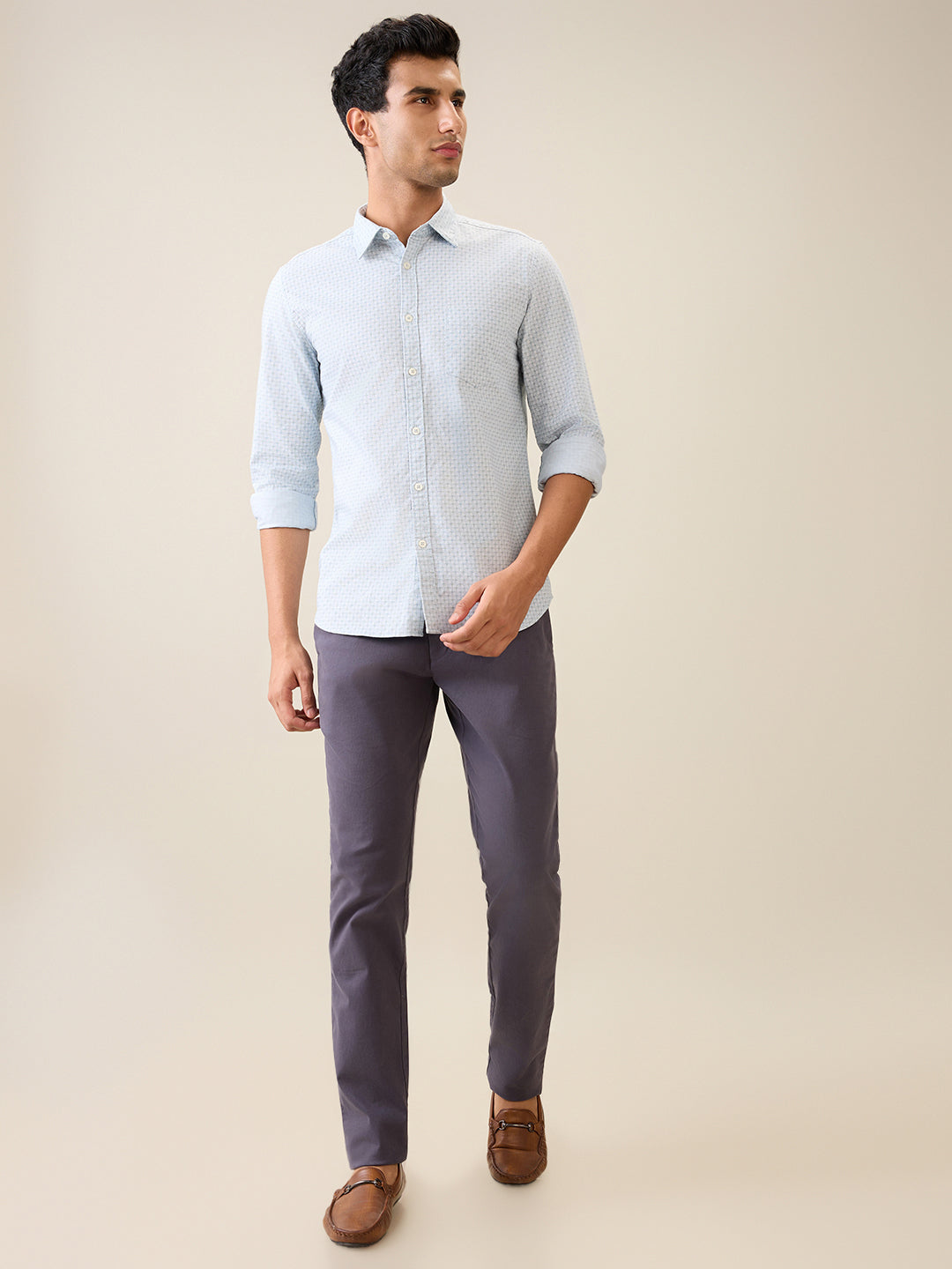 Colorplus Men Grey Solid Piece Dyed Super Slim Fit Flat Front Cotton Blend Trouser