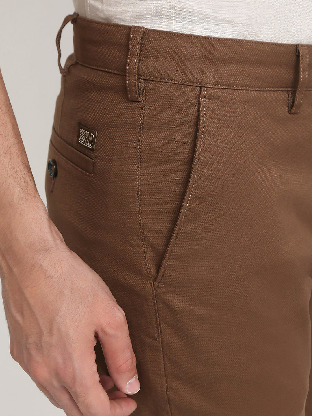 Colorplus Men Brown Dobby Regular Fit Cotton Blend Trouser
